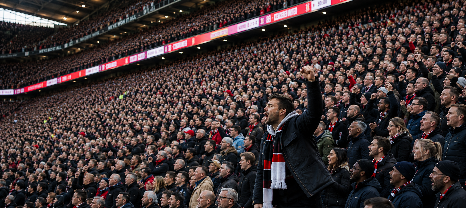 Crowd of fans in a stadium cheering, one man in foreground with fist raised and scarf.
