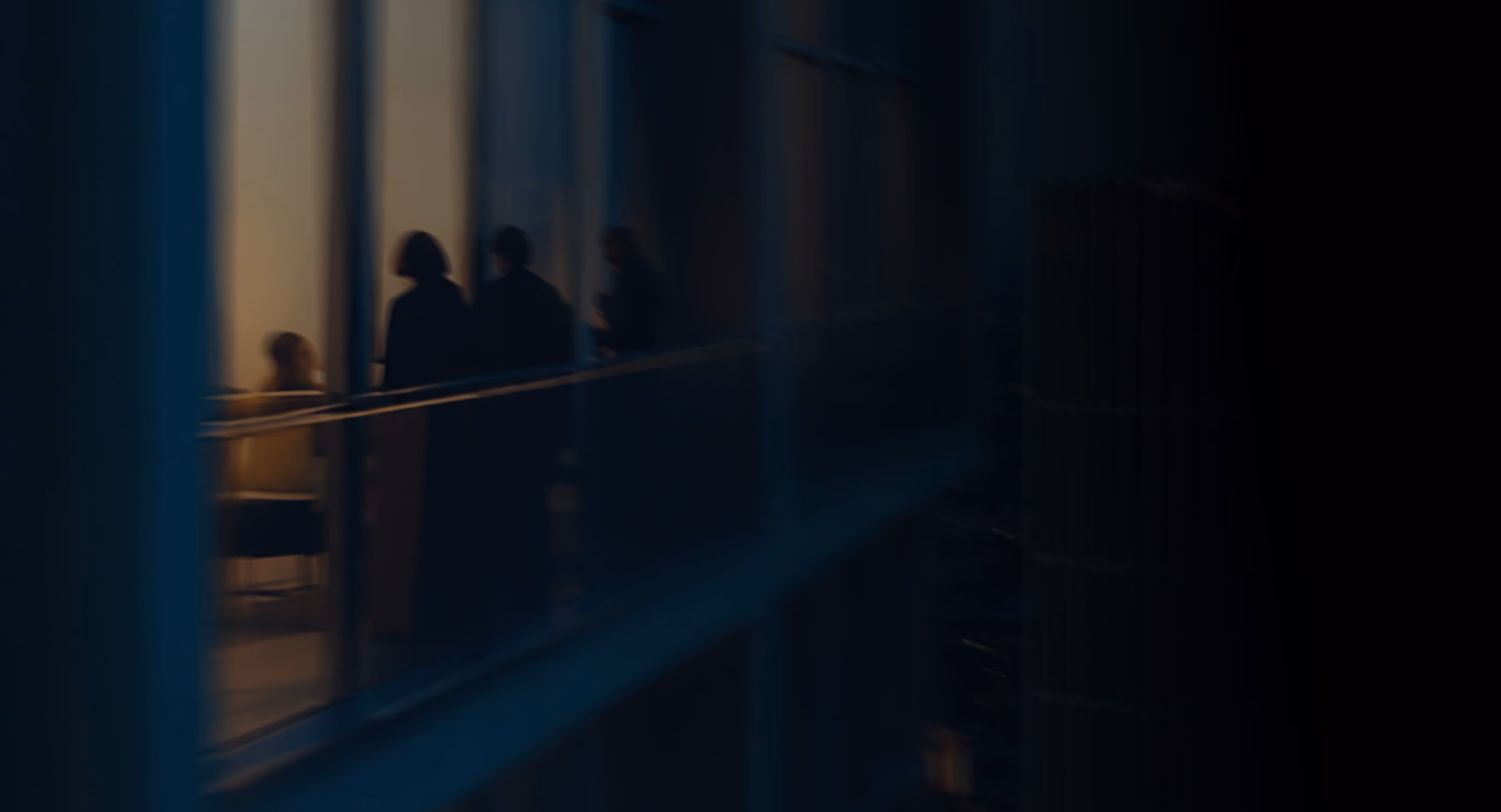 Silhouettes of people seen through office windows at night with dim interior lighting - [ X ] Security