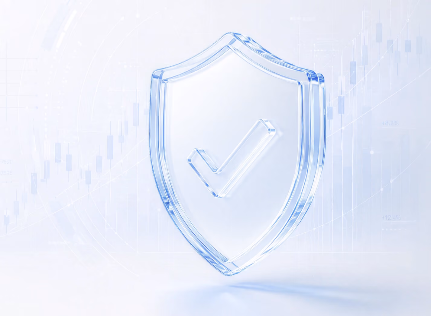 Illustration: a glass shield with a checkmark, set against a faint trading chart.