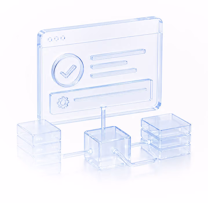 Illustration: a settings panel with a checkmark, wired to stacked data blocks.