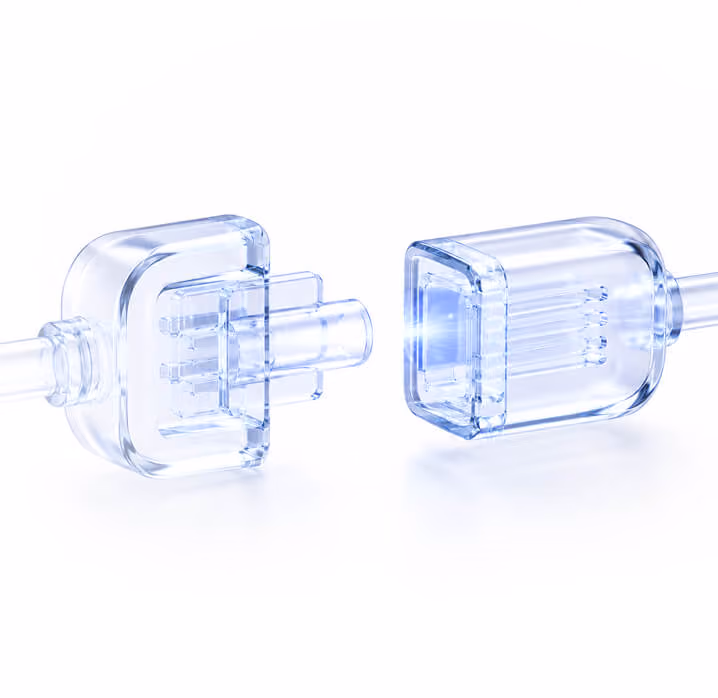 Illustration: two glass plug connectors joining together.
