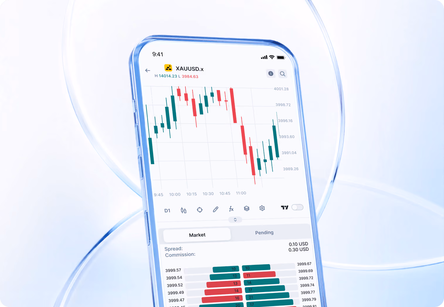 Illustration: a smartphone showing a trading app with a candlestick chart.