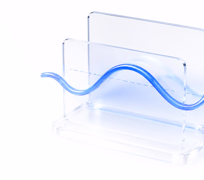 Illustration: a smooth blue line curving across layered glass panels.
