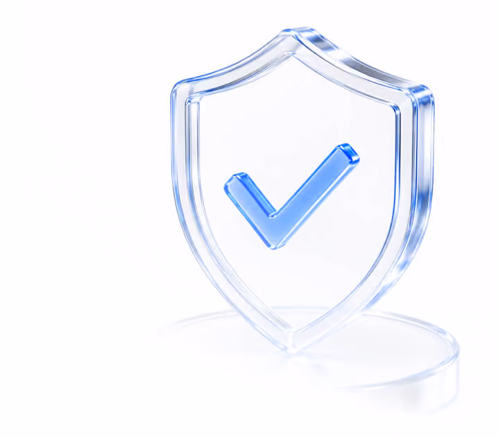 Illustration: a glass shield with a blue checkmark.