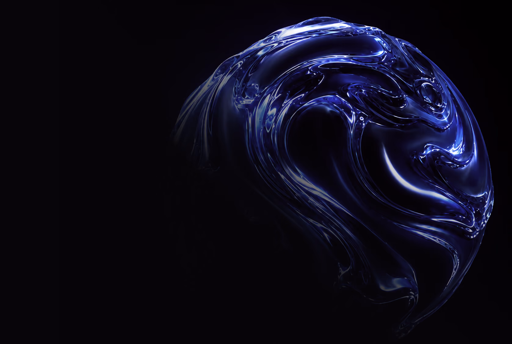 Swirling glass form rendered in deep blue