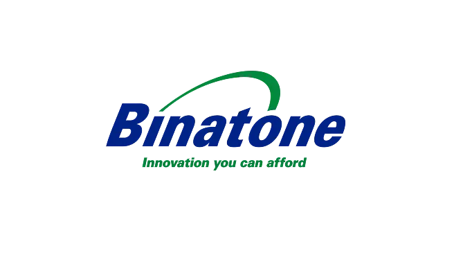 Binatone logo with blue text and green swoosh above, and the slogan 'Innovation you can afford' in green below.