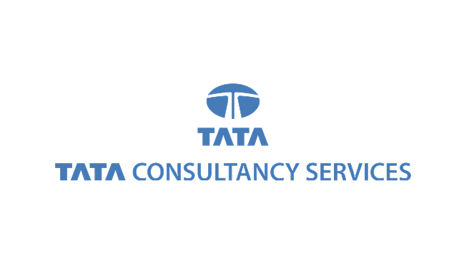 Tata Consultancy Services logo with blue emblem above the company name in blue text on a black background.