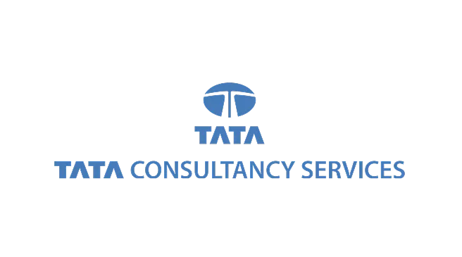 Tata Consultancy Services logo with blue emblem above the company name in blue text on a black background.