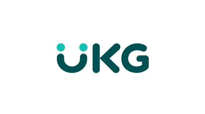 The UKG logo, showing stylized letters U, K, and G in teal color on a black background.