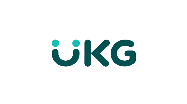 The UKG logo, showing stylized letters U, K, and G in teal color on a black background.