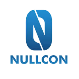 Blue logo with a stylized letter N inside a rounded rectangular shape and the word NULLCON in capital letters below it.