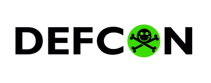 The word DEFCON in black capital letters with a bright green circle replacing the letter O containing a black smiling skull with crossed bones.