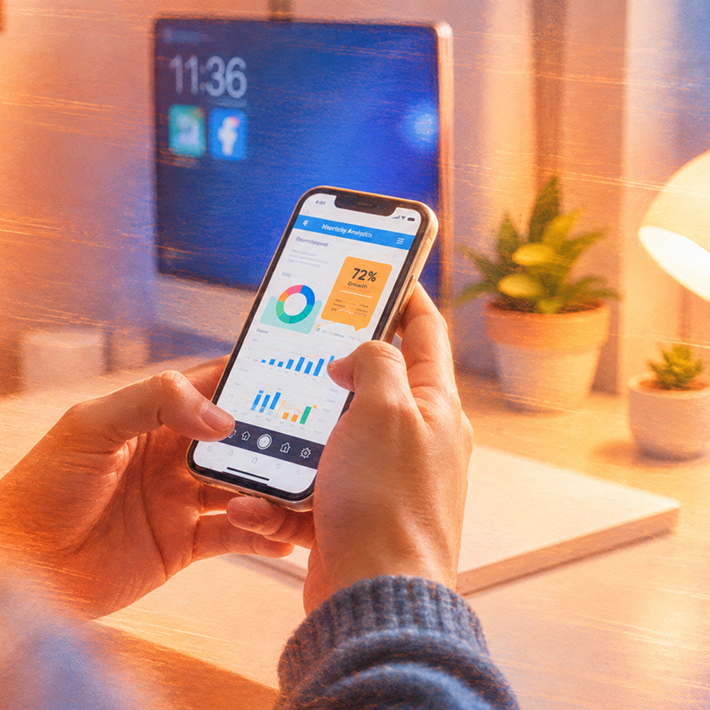 Person holding a smartphone displaying colorful charts and a 72% growth statistic on a monitoring analytics app, with a blurred desk setup including a laptop, potted plants, and a lamp in the background.