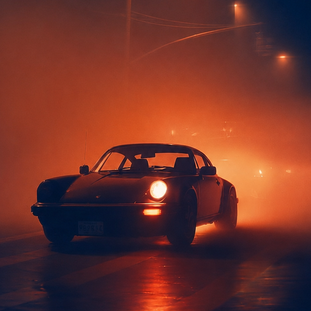 A classic black sports car with one headlight on, driving on a wet street at night with orange fog and streetlights in the background.