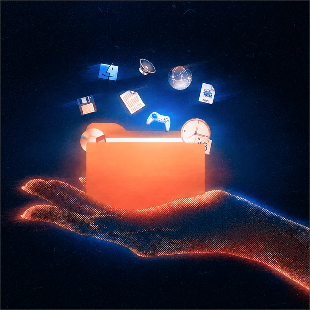 Digital illustration of a glowing hand holding a bright orange folder with icons representing files, clock, game controller, document, floppy disk, speaker, network globe, and software tools floating above it against a dark background.
