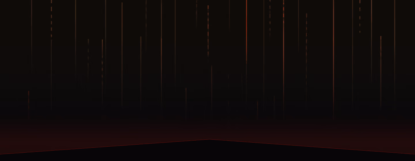 Dark scene with vertical thin orange lines resembling distant illuminated bars or streaks against a black background and a faint horizontal red glow near the bottom.