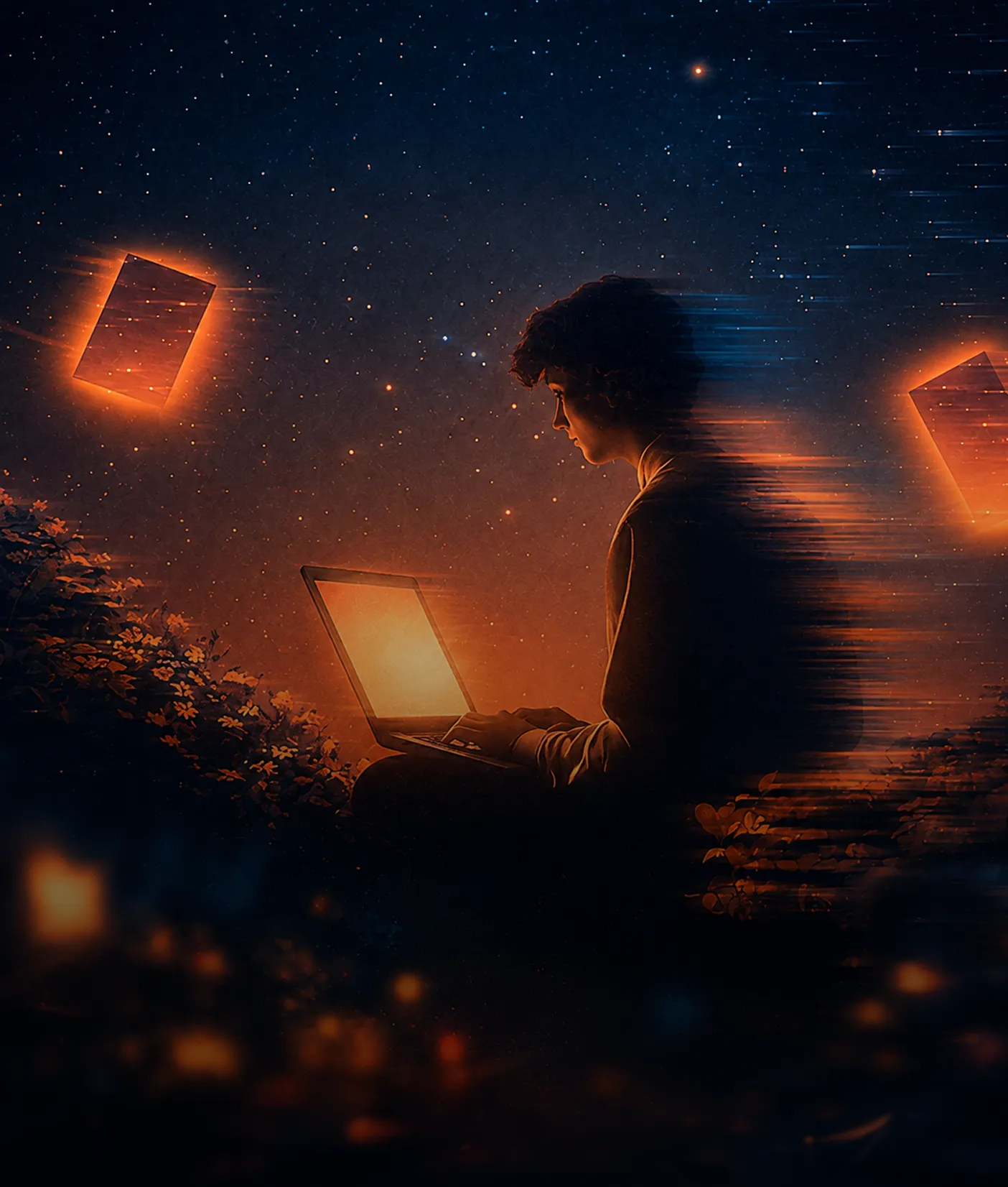 Silhouetted person with curly hair using a laptop at night surrounded by glowing floating rectangles and digital motion effects against a starry sky.