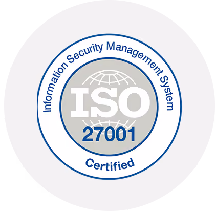 ISO 27001 certified seal with a globe in the center and text 'Information Security Management System' encircling it.