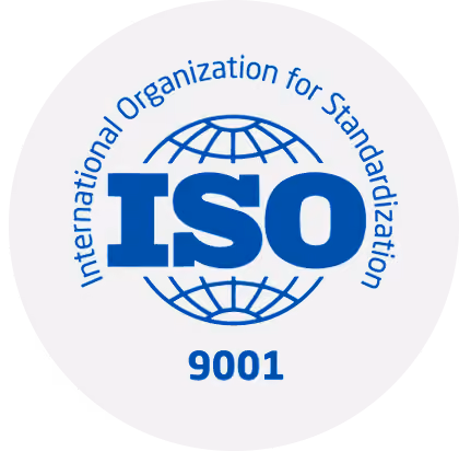 Logo of the International Organization for Standardization (ISO) with the number 9001 below the acronym, featuring a blue globe design behind the letters.