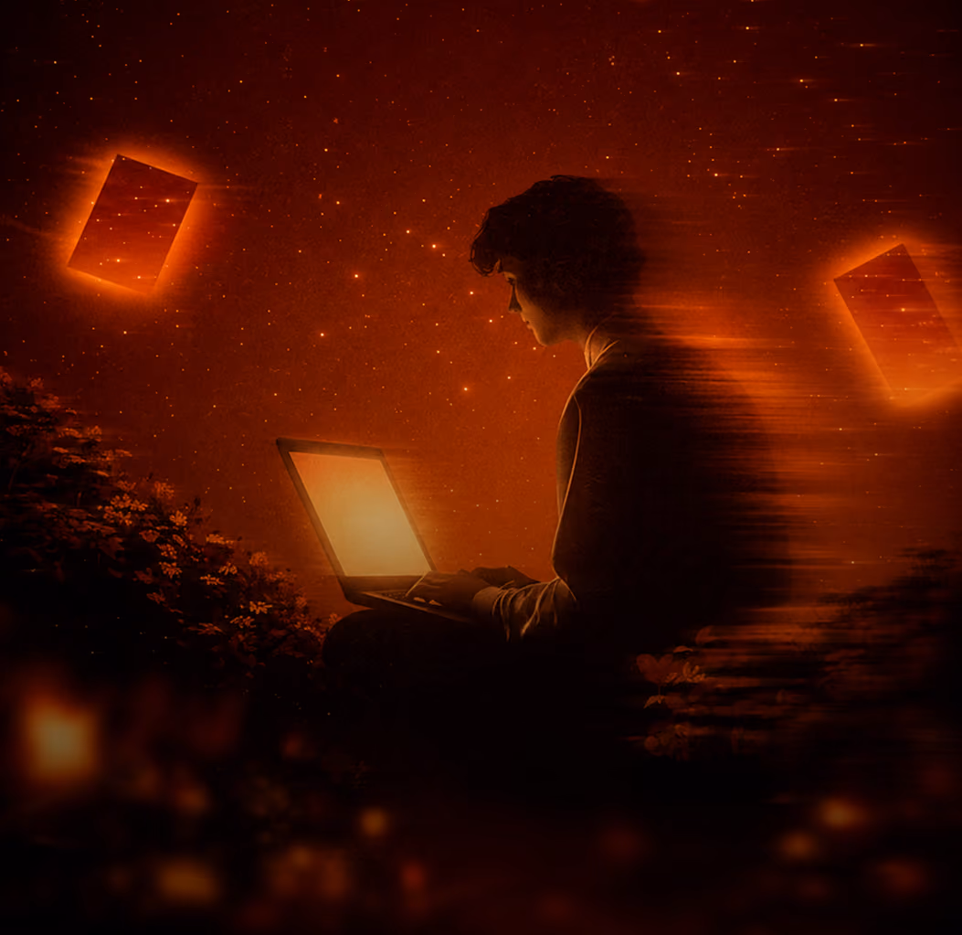 A person sitting and using a laptop glowing with orange light in a starry night setting, surrounded by an abstract digital atmosphere with floating glowing rectangular shapes.