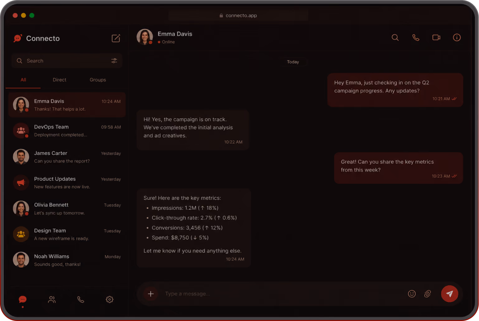 Dark-themed messaging app interface on a laptop screen showing a conversation with Emma Davis discussing Q2 campaign metrics such as impressions, click-through rate, conversions, and spending, along with a sidebar listing contacts and groups including DevOps Team, James Carter, Product Updates, Olivia Bennett, Design Team, and Noah Williams.