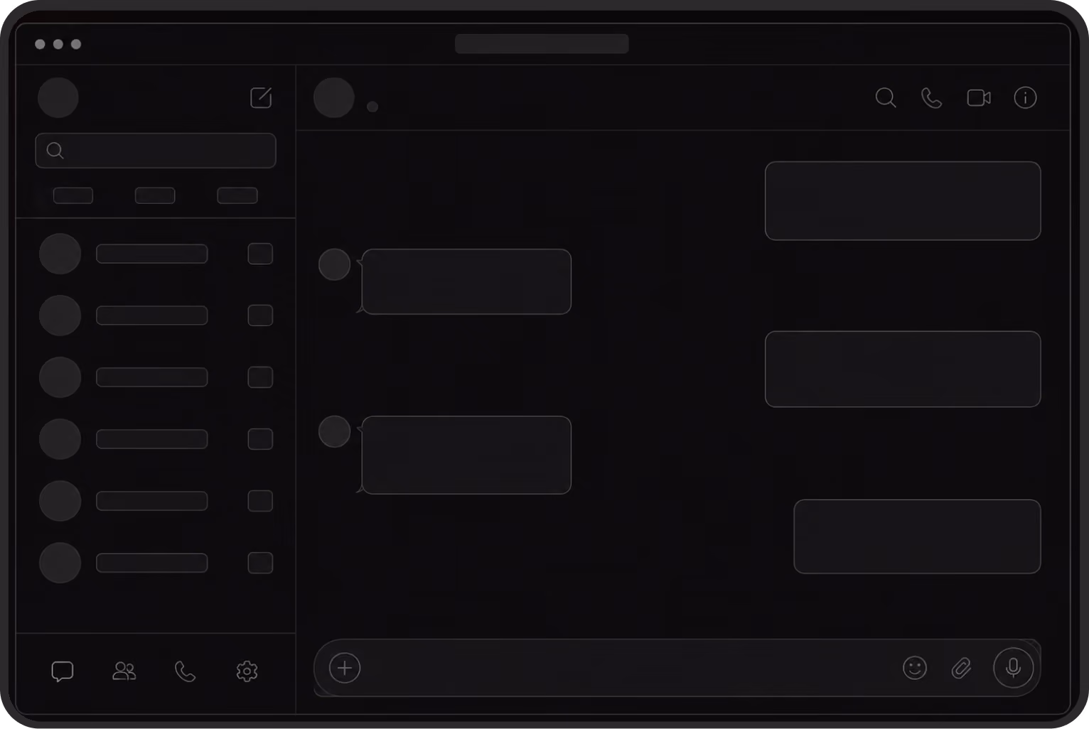 Dark-themed messaging app interface on a tablet showing a conversation with chat bubbles, contact list on the left, and icons for search, call, video, and info on top right.