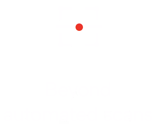 Logo featuring a red square centered within a white, stylized camera viewfinder icon, with the text 'Beyond external expert network' below it in white font on a black background.