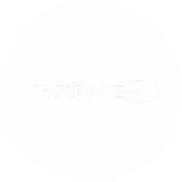 Certin logo with stylized text and a graphic element resembling a circuit or connection symbol.