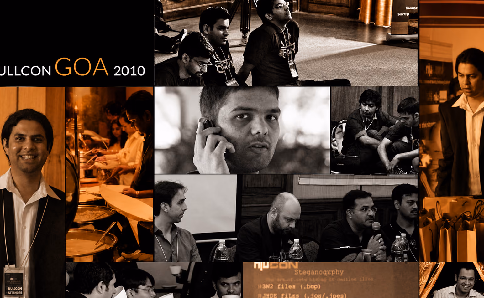 Collage of photos from Nullcon GOA 2010 featuring participants and speakers engaged in discussions, working on laptops, a man talking on a phone, and attendees listening attentively in a conference setting.