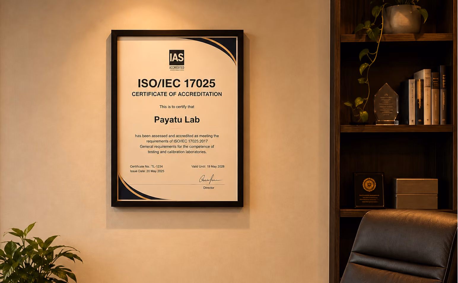 Framed ISO/IEC 17025 Certificate of Accreditation for Payatu Lab, displayed on a beige wall near a wooden shelf with books, plants, and awards, next to a leather chair.
