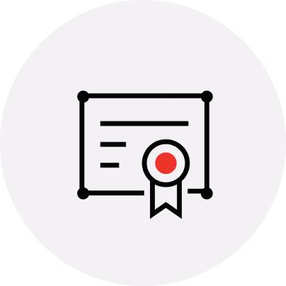 Icon of a certificate with a ribbon and red circular seal on a light gray circular background.