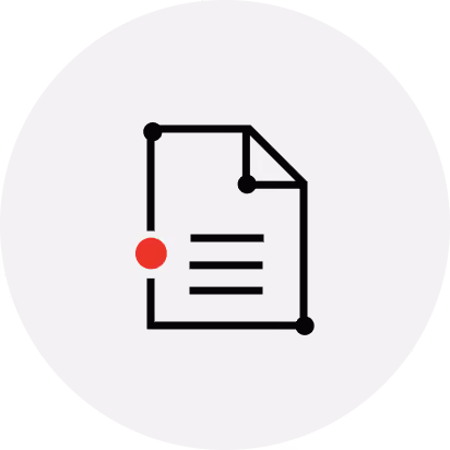 Icon of a document with three lines of text and connected dots at three corners, with a red dot on the left side.