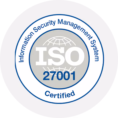 A circular ISO certification badge for Information Security Management System with the text 'ISO 27001 Certified' and a globe icon in the background.
