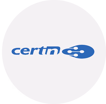 CertIn logo featuring the text 'certn' in blue lowercase letters, with the letter 'n' connected to a blue droplet shape containing three white dots connected by white lines.