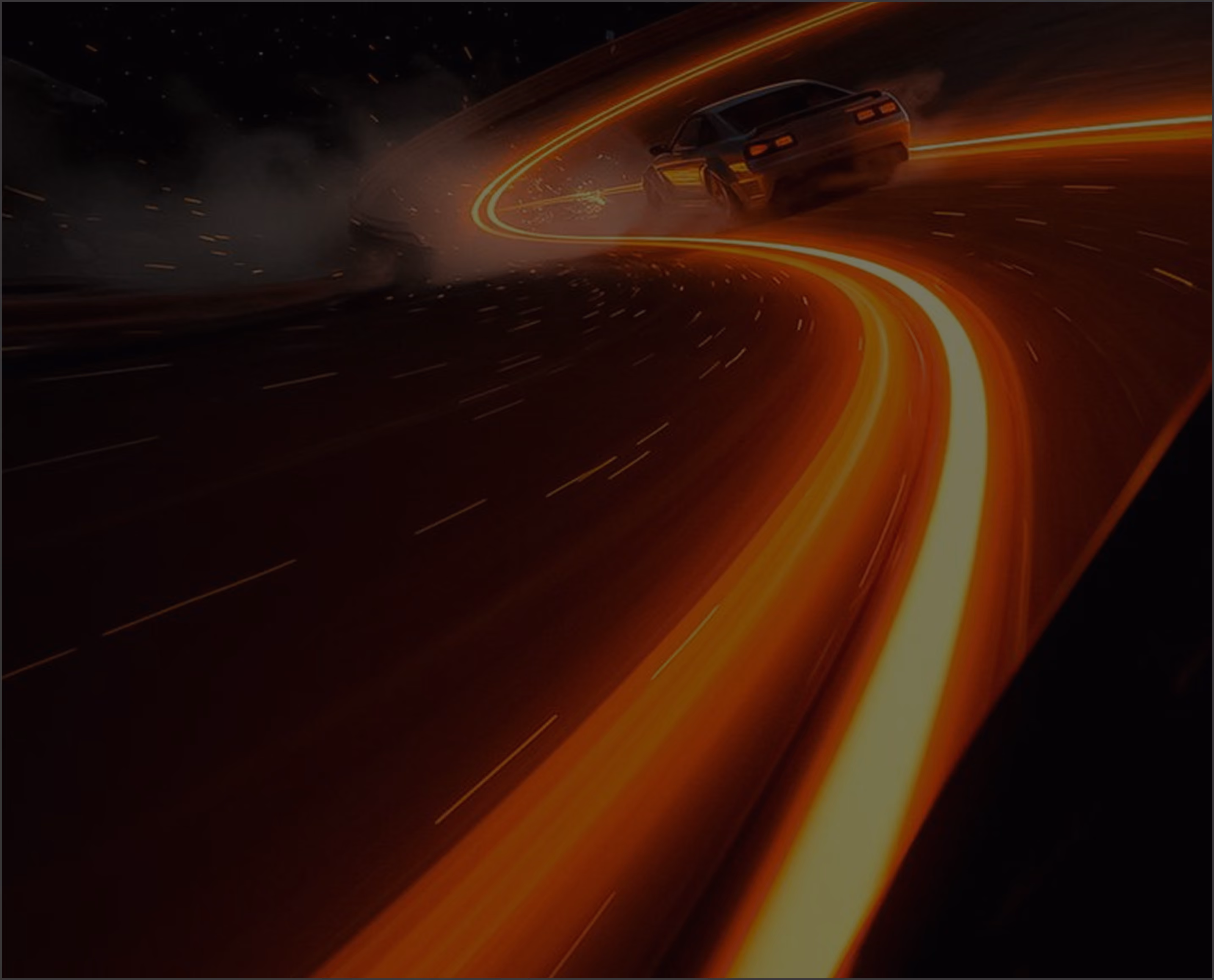 Black sports car drifting on a dark road leaving a curved trail of bright orange light behind.