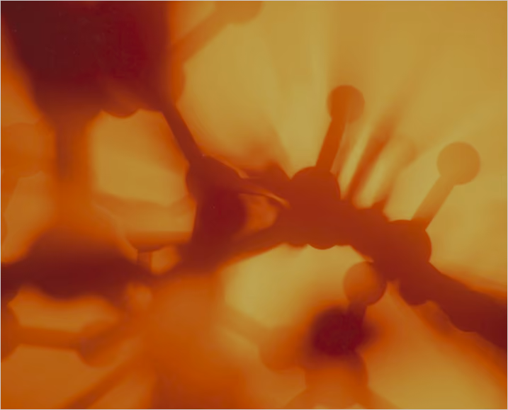 Close-up abstract visualization of interconnected molecular or cellular structures in warm orange and yellow colors.