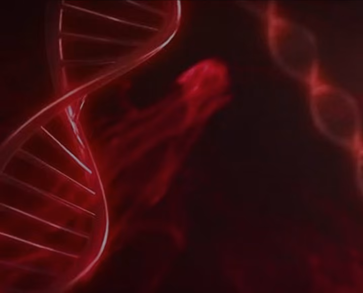 Close-up visualization of a red glowing DNA double helix strand on a dark background.