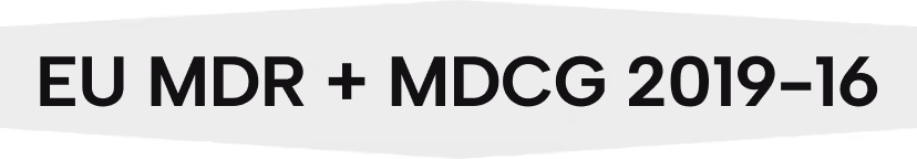 Text reading 'EU MDR + MDCG 2019-16' on a black background.