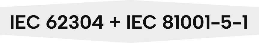 Text displaying 'IEC 62304 + IEC 81001-5-1' in bold gray font on a black background.