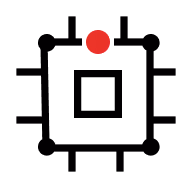 Black microchip with a red square in its top right corner.