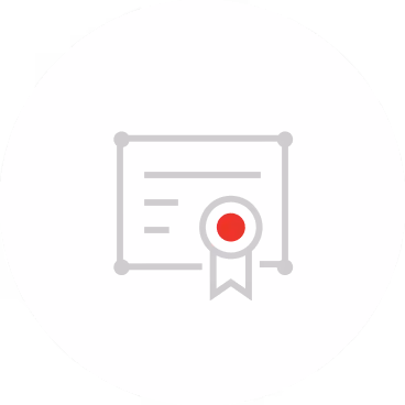 Icon of a certificate with a ribbon and a red seal on a white circular background.