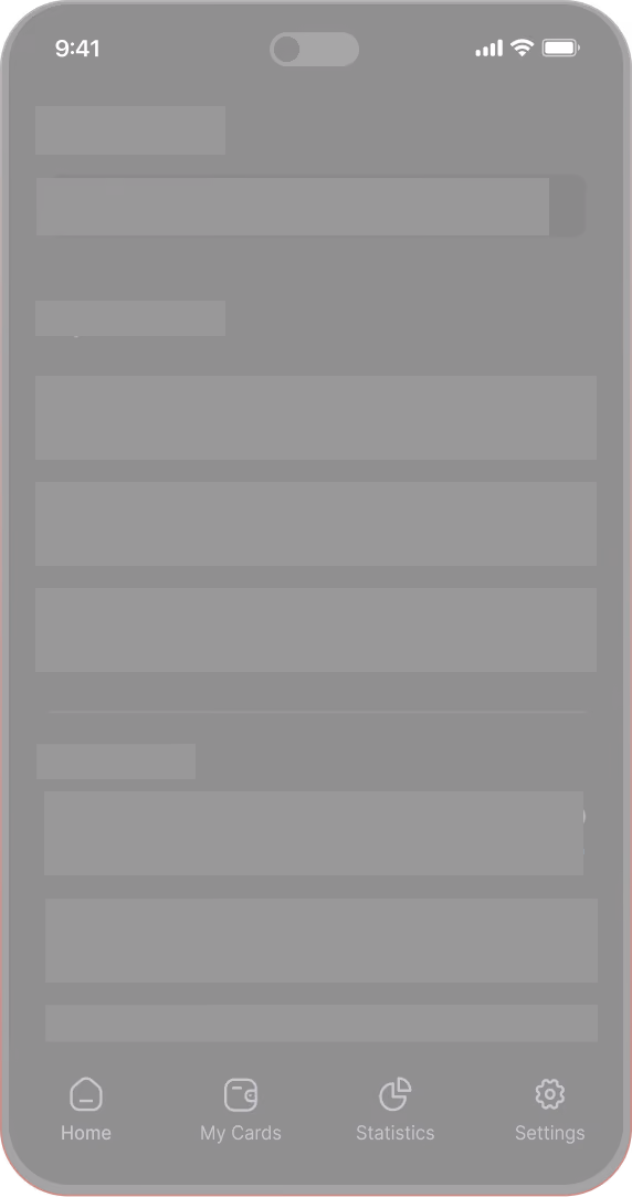 Smartphone screen showing a dark-themed app interface with top status bar and four bottom icons labeled Home, My Cards, Statistics, and Settings; the main screen has several rectangular dark content blocks and bars representing text and input fields.