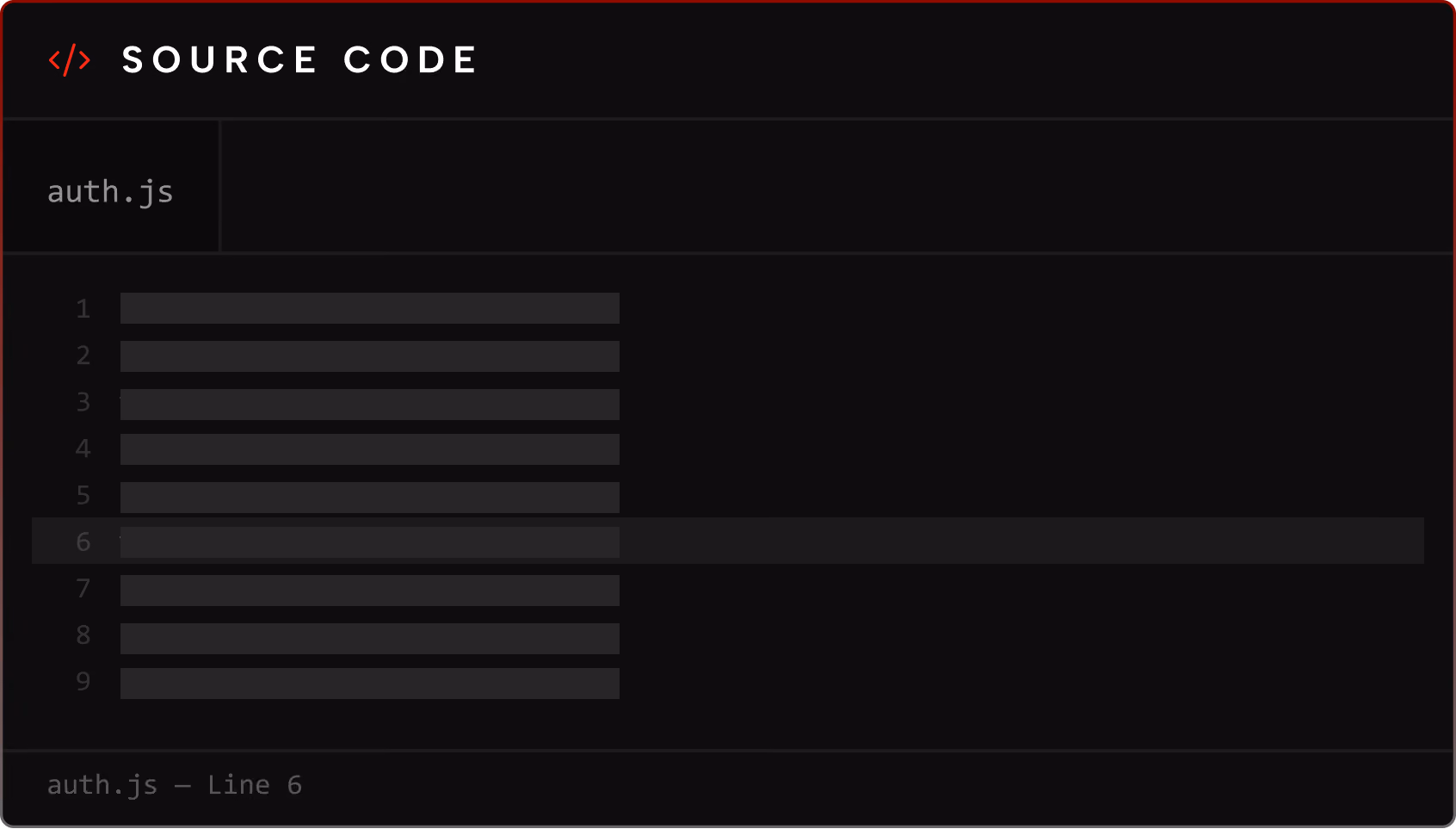 Dark-themed source code editor window labeled SOURCE CODE showing a file named auth.js with lines 1 to 9, with line 6 highlighted. The code content is blurred or redacted.