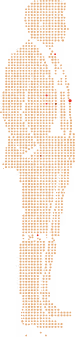 Digital orange silhouette of a standing man viewed from the side, composed of small square pixels, with some scattered red and gray pixels inside.