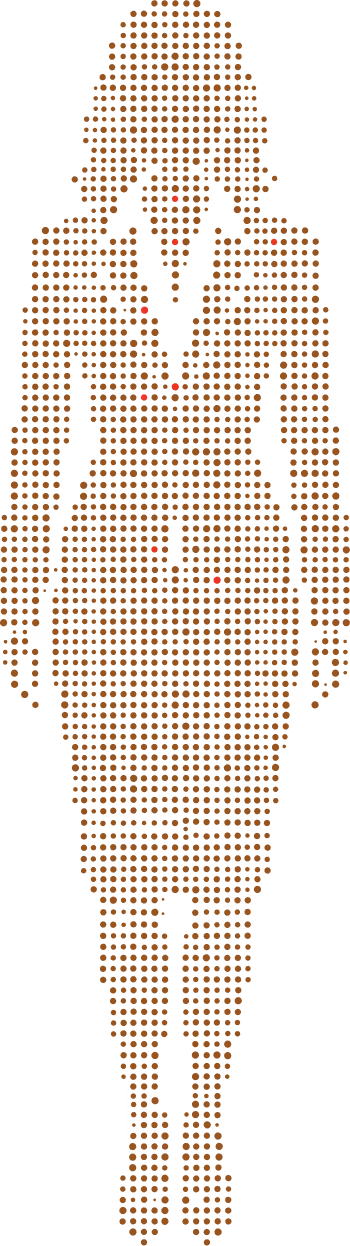 Stylized pixel art of a woman with mid-length curly hair, wearing a fitted jacket and skirt, standing facing forward.