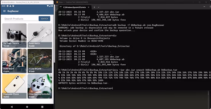 Split screen showing two windows: left is a mobile app named BugBazaar displaying products like Old Town Camera, Dumb Watch, Skate-Board, A Lazy Bicycle, PineApple iPhone, and Z Box Gaming Controller with prices; right is a command prompt window running adb backup commands and showing output of file listings and backup progress.