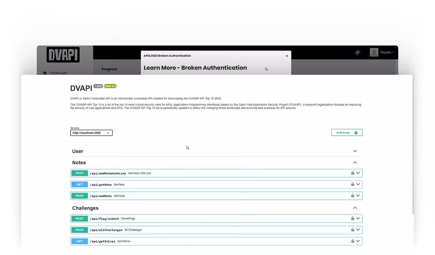 DVAPI documentation page showing API endpoints for notes and challenges with HTTP methods POST and GET, an input for server URL set to http://localhost:3000, and an authorize button.