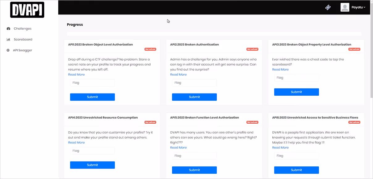 Dashboard interface for DVAPI with a sidebar menu showing Challenges, Scoreboard, and API Swagger; main content titled Progress displaying six API challenge cards focused on authorization, authentication, resource consumption, and access controls, each with a short description, Read More link, flag option, and a blue Submit button.