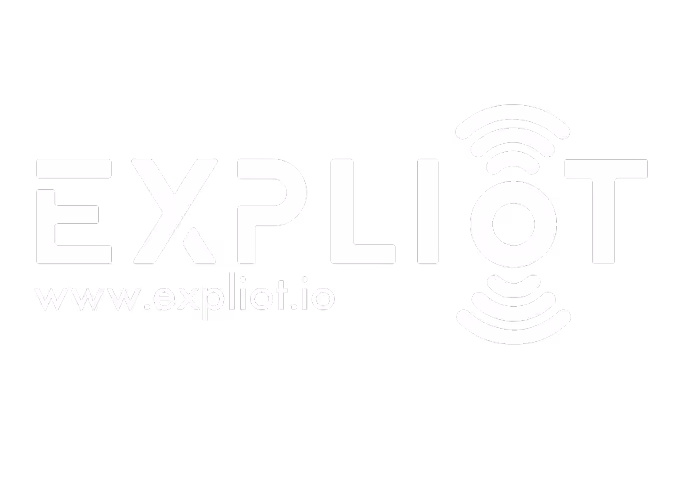 White text logo spelling 'EXPLIOT' on a black background, with radio waves emitting from the letter 'O' and the website URL www.expliot.io underneath.