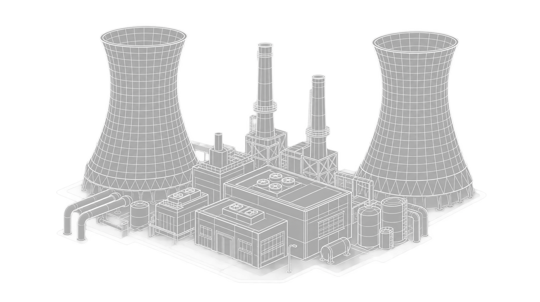 Wireframe-style 3D illustration of a power plant complex featuring two large hyperboloid cooling towers, multiple rectangular buildings with rooftop vents, several tall chimneys, cylindrical tanks, and connected pipelines on a rectangular base.
